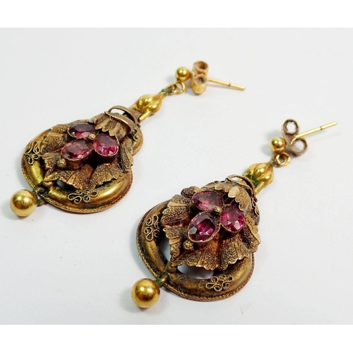 454 - A pair of antique Bohemian yellow metal amethyst earrings, 3.5cm drop, 5.1g