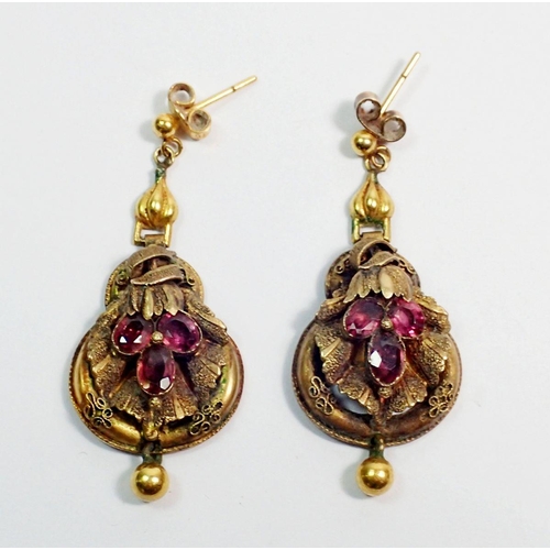 454 - A pair of antique Bohemian yellow metal amethyst earrings, 3.5cm drop, 5.1g