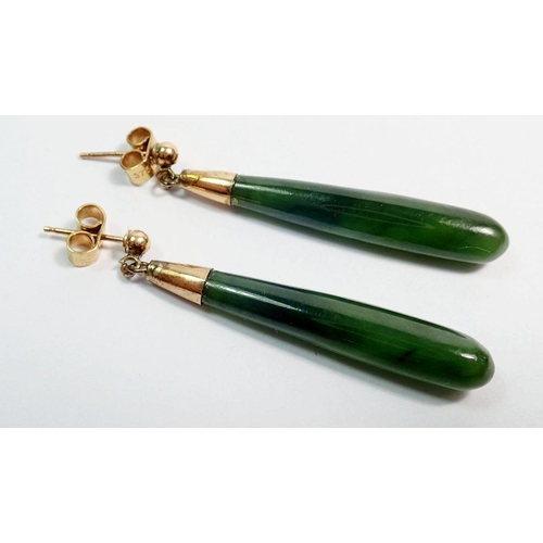 456 - A pair of 9ct gold and 'jade' drop earrings, 3.7cm drop