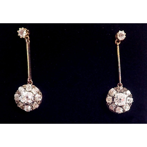 464 - A pair of antique diamond cluster pendant earrings set old cut diamonds, approx 2.8 cm drop, 0.8cm d... 