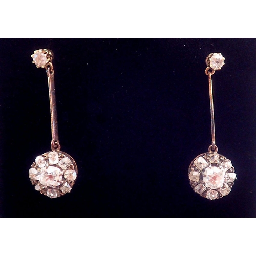 464 - A pair of antique diamond cluster pendant earrings set old cut diamonds, approx 2.8 cm drop, 0.8cm d... 