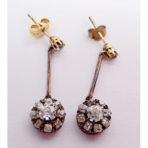 464 - A pair of antique diamond cluster pendant earrings set old cut diamonds, approx 2.8 cm drop, 0.8cm d... 