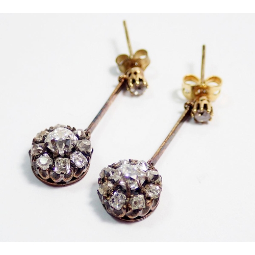 464 - A pair of antique diamond cluster pendant earrings set old cut diamonds, approx 2.8 cm drop, 0.8cm d... 