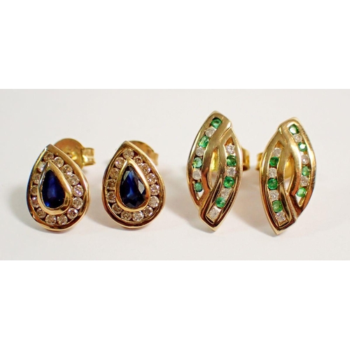 469 - A pair of 9 carat gold sapphire and diamond teardrop form earrings, 1cm drop and a pair of 9 carat g... 