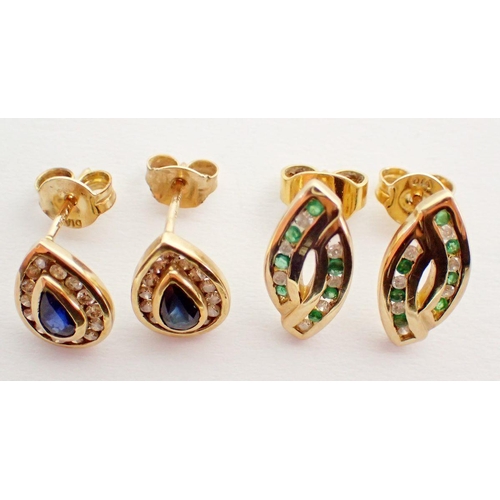 469 - A pair of 9 carat gold sapphire and diamond teardrop form earrings, 1cm drop and a pair of 9 carat g... 