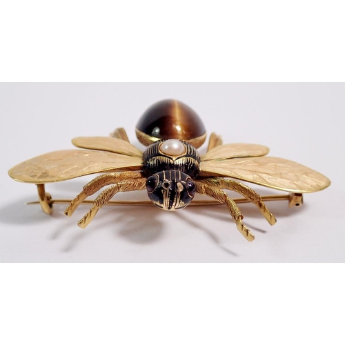 478 - A French yellow metal insect form brooch set tigers eye with enamel head and wings, inset pearl, 4.5... 