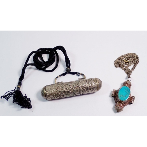 497 - An Indian silver and turquoise pendant on chain marked 925 and an Eastern amulet necklace