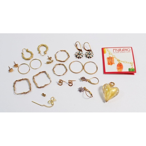 501 - Four pairs of 9 carat gold and one pair of 10k gold earrings, 4.5g, a selection of yellow metal earr... 