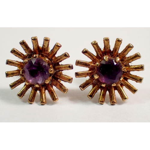 505 - A pair of 9 carat gold amethyst set flower form earrings, 2g, 4.1cm diameter plus various other earr... 