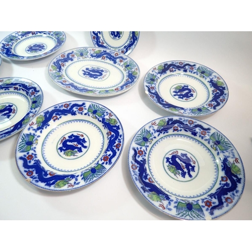 51 - A Victorian 'Chinese Dragon' set of six bowls, meat plate etc and two Wedgwood plates printed yachts