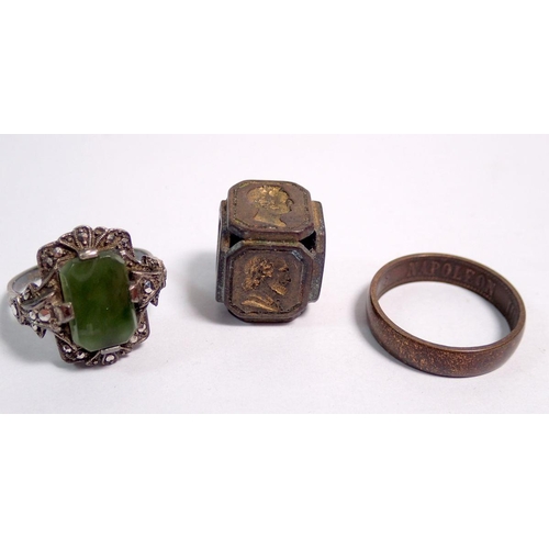 528 - A group of costume jewellery and watches including a six sided seal, jet, silver and marcasite ring ... 