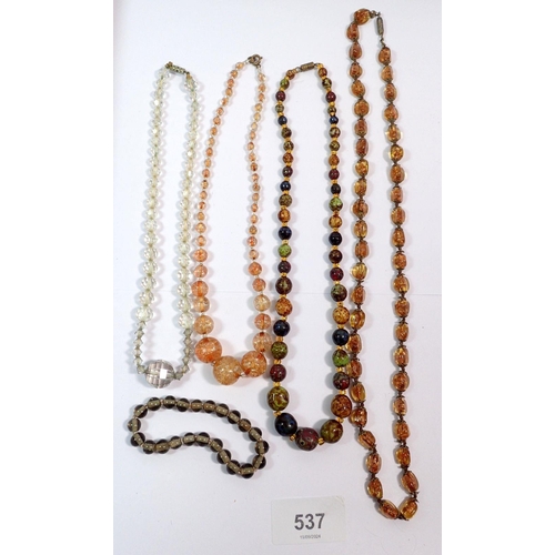 537 - Three glass bead necklaces etc