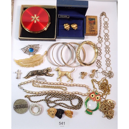 541 - A box of gilt costume jewellery, Stratton compact etc.