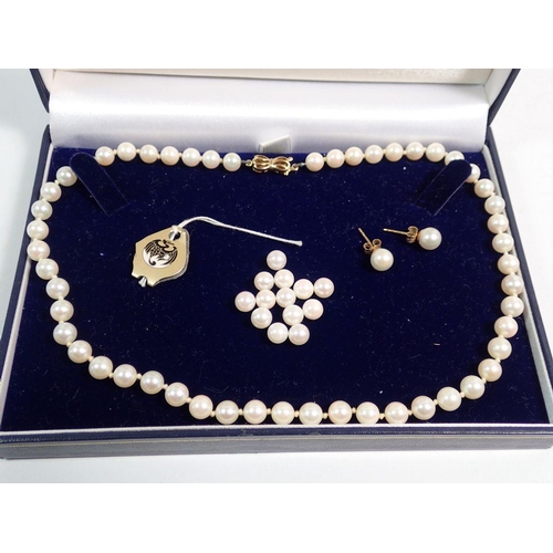 548 - A string of pearls with 9 carat gold clasp and a pair of 9 carat gold pearl stud earrings in Andrew ... 