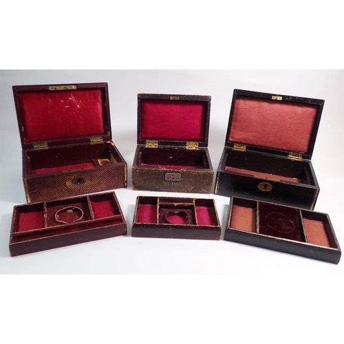 553 - Three antique leather jewellery boxes