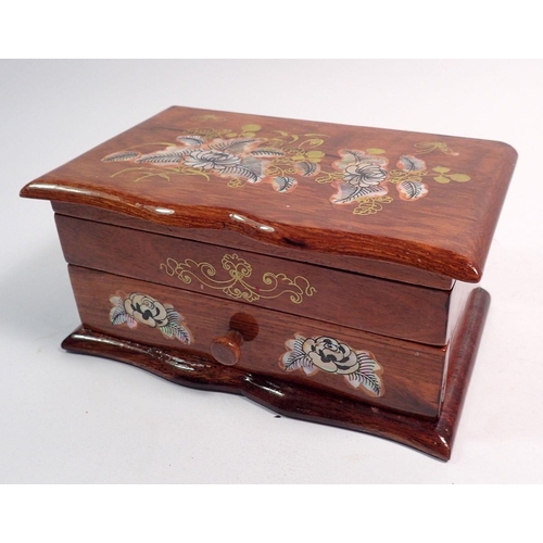 557 - A mother of pearl inlaid jewellery box and contents of silver jewellery plus pair of Chinese enamel ... 