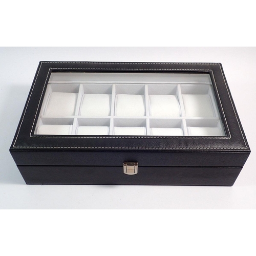 589 - A faux leather display case for ten watches, 33cm wide