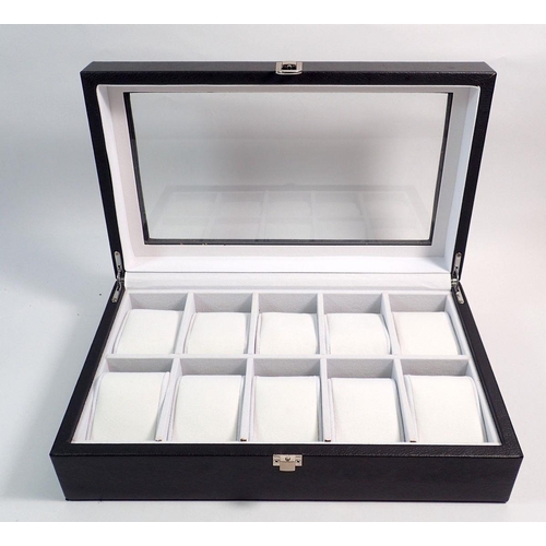 589 - A faux leather display case for ten watches, 33cm wide