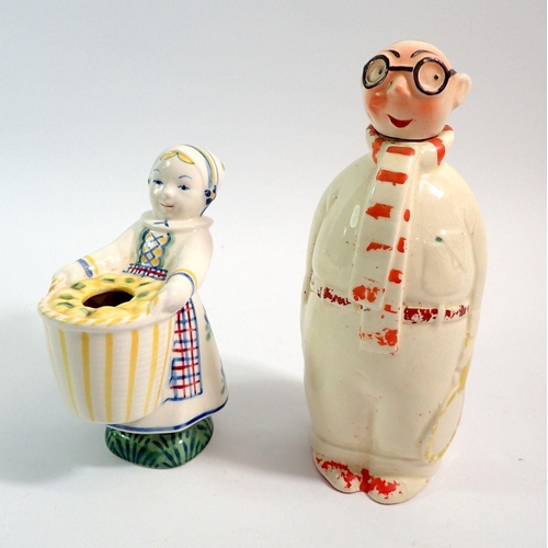 59 - An Art Deco flask in the form of a Billy Bunter style tennis player with glasses, 18cm and a Jus fig... 