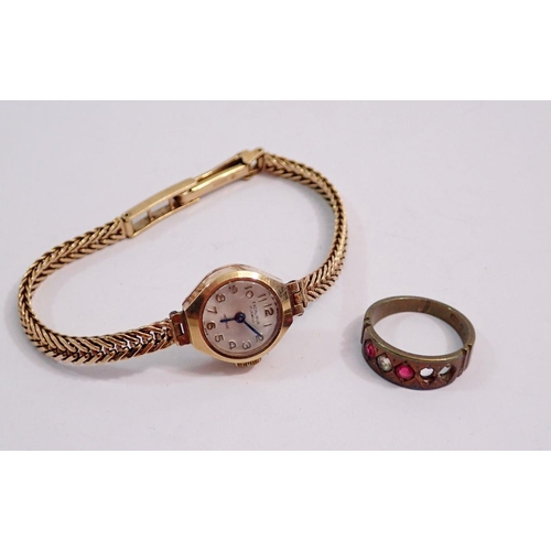 595 - A 9 carat gold Excalibur ladies wrist watch and strap, 12g plus a 15 carat gold ring - a/f, 2.7g