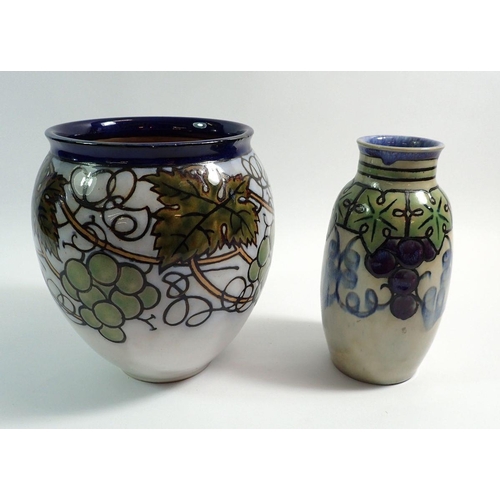 6 - A Royal Doulton stoneware vase painted vines by Florrie Jones, 19cm tall and another smaller one by ... 