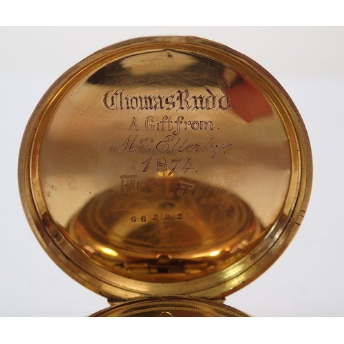 608 - An 18 carat gold small pocket watch dated and inscribed 1874, 4.2cm diameter - cased