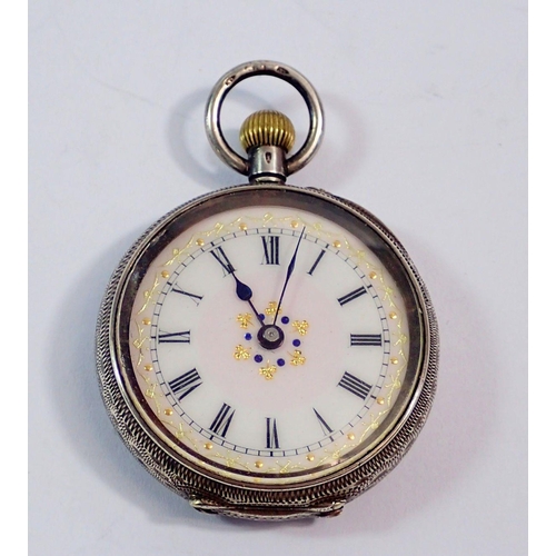 611 - A ladies keyless silver 935 fob watch with enamel dial