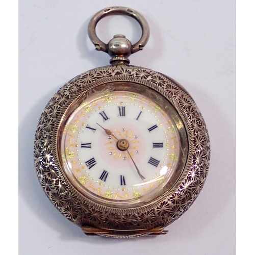 615 - A ladies key wound silver 935 fob watch with small enamel dial