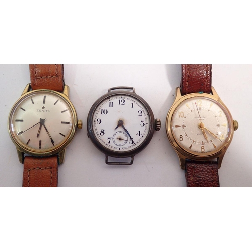 622 - A vintage gentelmen's Ingersoll Shockproof watch and a Zenith one and a 936 silver trench watch