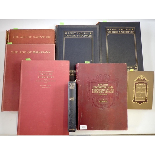 658 - A group of early 20th century furniture books including The Age of Mahogany and The Age of Satinwood... 