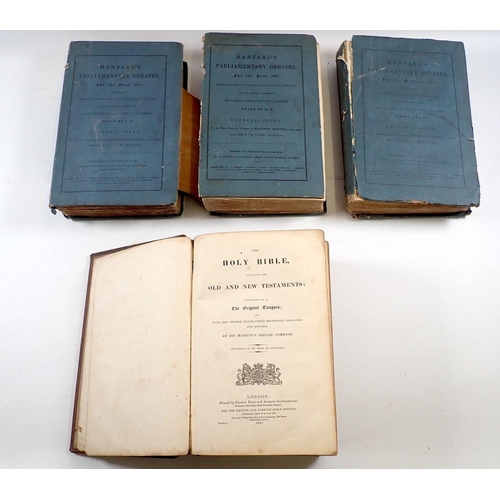 694 - Three copies of Hansard's Parliamentary Debates 1847, 1852 and 1853 plus The Holy Bible 1835 printed... 