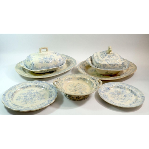 80 - A group of blue and white Asiatic pheasant dinnerware comprising two covered tureens, two meat plate... 