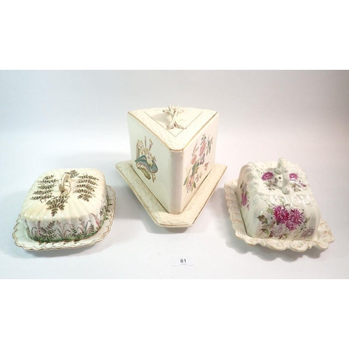 81 - A Victorian floral cheese dish and two butter dishes