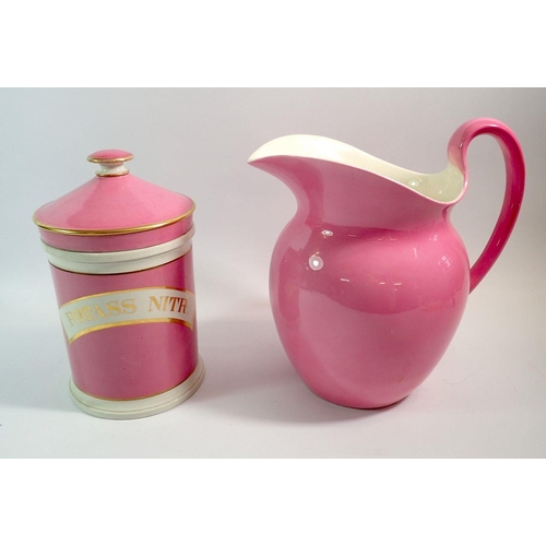 87 - A large pink chemist jar 'Potass Nitr' 20cm tall and a large pink toiletry jug