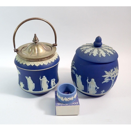 91 - An early 20th century Wedgwood Jasperware biscuit jar and cover with silver plated mounts, a later o... 