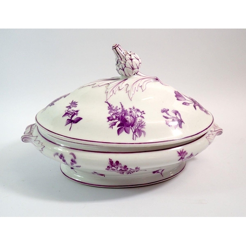 93 - A Victorian large oval tureen with purple printed decoration, 31cm wide