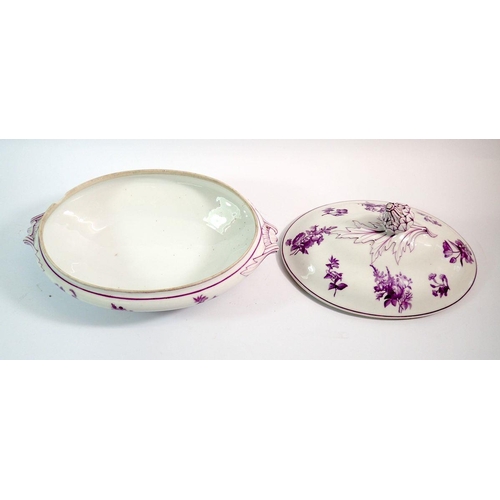 93 - A Victorian large oval tureen with purple printed decoration, 31cm wide