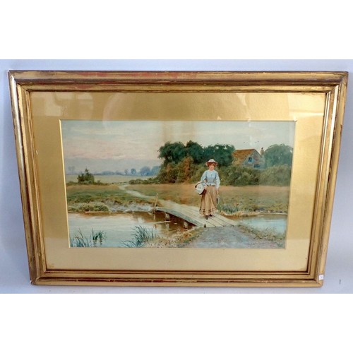 1331 - Alfred Wragge (19th/20th century) - watercolour girl on a bridge with basket 'Market Day' 26 x 44cm