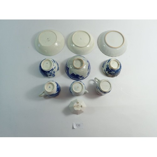 130 - A collection of 18th century English blue and white porcelain tea ware including trio, sparrow beak ... 