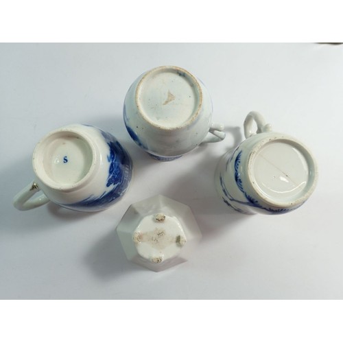 130 - A collection of 18th century English blue and white porcelain tea ware including trio, sparrow beak ... 