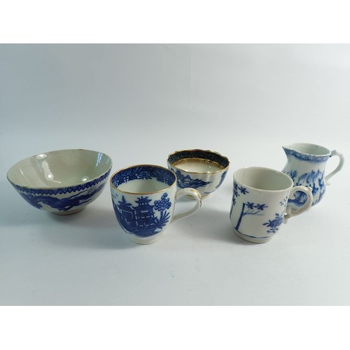 130 - A collection of 18th century English blue and white porcelain tea ware including trio, sparrow beak ... 