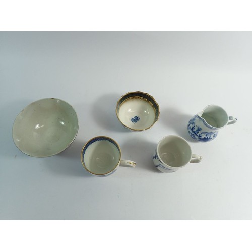 130 - A collection of 18th century English blue and white porcelain tea ware including trio, sparrow beak ... 