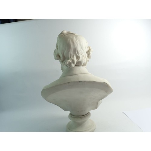 113 - A Victorian parian bust of Richard Cobden, on a waisted socle, impressed title, E.W. Wyon, dated 186... 