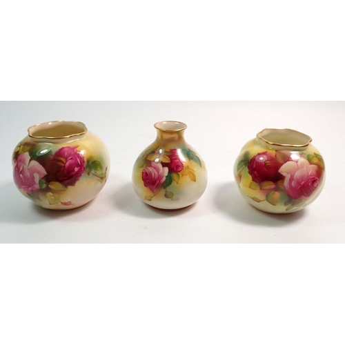 114 - Two Royal Worcester spherical posy vases painted roses G161, one signed Millie Hunt 7cm tall and ano... 