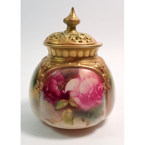 116 - A Royal Worcester pot pourri vase and cover painted roses, 11cm