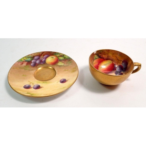 118 - A Royal Worcester cup - a/f and matched saucer, both painted fruit, cup 5.7cm diameter