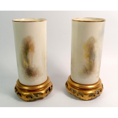 120 - Two Royal Worcester spill vases painted pheasants by Jas Stinton, 16cm - very minor gilding variatio... 