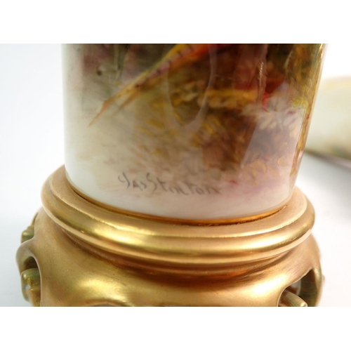 120 - Two Royal Worcester spill vases painted pheasants by Jas Stinton, 16cm - very minor gilding variatio... 