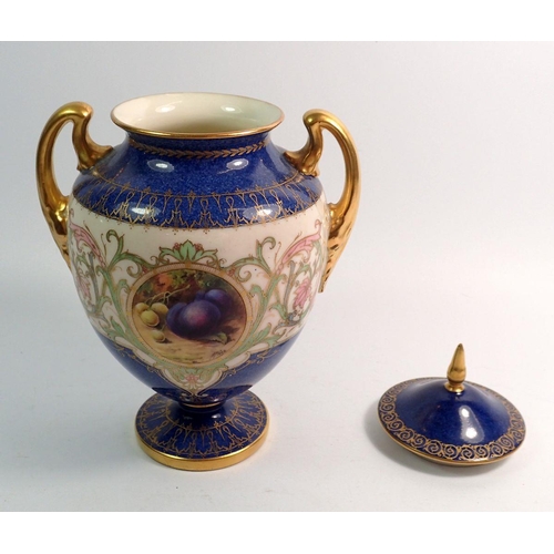 125 - A Royal Worcester urn form vase and cover painted still life fruit by Horace Price, 21.5cm