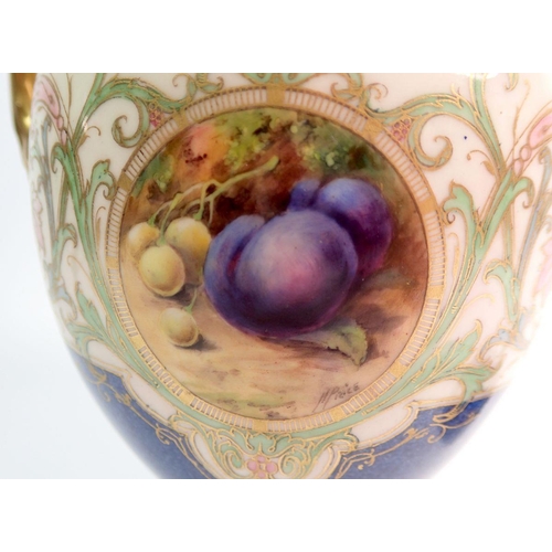 125 - A Royal Worcester urn form vase and cover painted still life fruit by Horace Price, 21.5cm